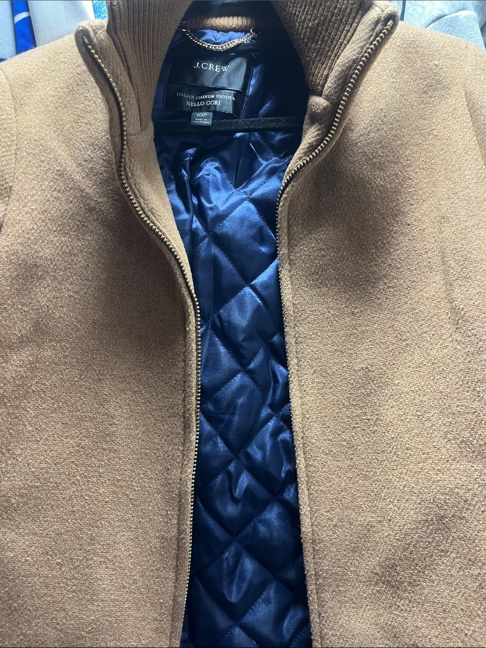J. Crew Men's Camel/Tan Zip-Up Jacket with Navy Quilted Lining